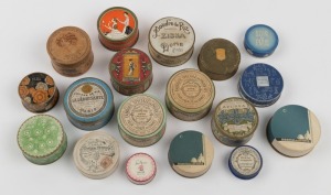 Eighteen assorted antique and vintage circular powder boxes, some with original contents, 19th/20th century, the largest 8cm diameter