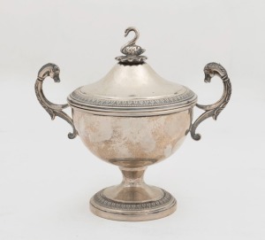 A Continental 800 silver lidded bowl with dragon handles, 20th century, 13cm high, 208 grams