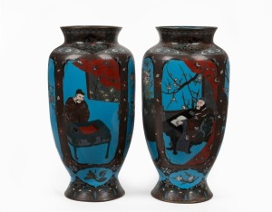 An antique pair of Chinese cloisonne vases on blue grounds, 19th/20th century, 33.5cm high