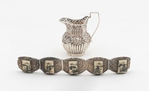 An antique English sterling silver cream jug, together with a Chinese filigree and silver bracelet, 19th and 20th century, the jug 9cm high