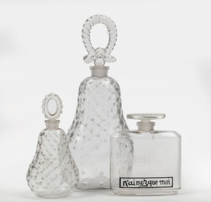 CARON, three vintage French glass perfume bottles, early to mid 20th century, the largest 19cm high