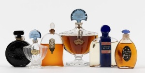 Six assorted French glass perfume bottles featuring GUERLAIN, MOLINARD and GODET, the largest 15cm high