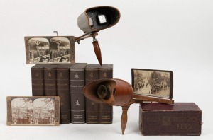 STEREOVIEWS, a nice group of cards housed in four boxes together with two hand-held viewers, themes including Yosemite Valley, Coronation of King George, Ireland, Japan, New Zealand, etc. (qty)