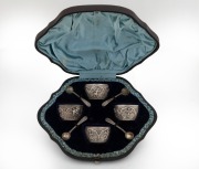 Antique English sterling silver condiment set in original fitted box, manufactured in the Eastern style, made by Hukin & Heath of Sheffield, 19th century