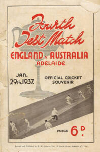 PROGRAMMES: "Fourth Test Match, England v Australia, Adelaide, Jan.29th.1937, Official Cricket Souvenir" (cover faults); also 1965 MCC v South Australian Country XI; 1967 India v South East Country XI; 1977 Centenary Test.