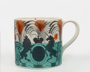 WEDGWOOD Coronation mug, 1937, designed by Eric Revilious, black factory mark to base, ​​​​​​​10cm high, 15cm wide