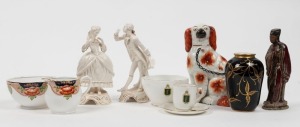 STAFFORDSHIRE&nbsp;spaniel statue, GOBEL German porcelain statues, ROSENTHAL blue and gilt porcelain vase, Chinese statue and assorted teaware, 19th and 20th century, (10 items), the largest 21cm high