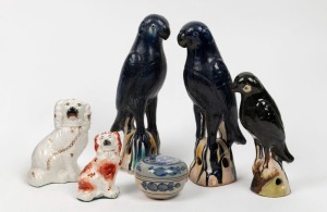 Two Staffordshire spaniel statues, three Chinese bird statues and an antique Thai lidded box, (6 items), the largest 32cm high
