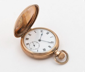 An antique gold plated full hunter pocket watch with crown wind and Roman numerals, 19th century, 6.5cm high overall