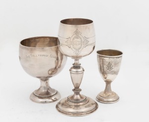 Three assorted sterling silver goblets, all with engraved dedications: I.) The Tolly Gunge Club, II.) L.T.A.V. Mixed Doubles Handicap 1932 Runners Up, A.E. Dawkins & Mrs R. Ross, III.) F.J. MOET, 20 January, 1806-1886, the largest 16cm high, 330 grams total