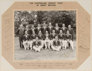 1938 AUSTRALIAN TEAM: Official team photograph, titled "Australian Cricket Team/ 1938", with 17 signatures on mount including Don Bradman, Sidney Barnes (scarce), Ern McCormick & Lindsay Hassett (some faults at right affecting signatures), window mounted,