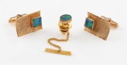 Vintage 9ct gold and opal cufflinks and matching tie pin, 20th century, ​​​​​​​11 grams total