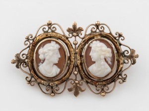 An antique 9ct yellow gold double cameo brooch, 19th century, 4.5cm wide, 6.8 grams