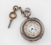 An antique silver half hunter cased lady's pocket watch with floral enamel dial and Roman numerals, 19th century, ​​​​​​​5cm high overall