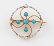 An antique 15ct gold circular brooch adorned with five turquoise and four seed pearls with enamel highlights, circa 1900, ​​​​​​​2.3cm diameter, 2.6 grams
