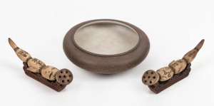 A pair of Chinese YIXING pottery lotus root brush rests, together with a YIXING pottery bowl, (3 items), the brush rests 19cm long