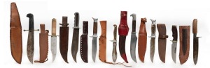 BOWIE & HUNTING KNIVES nine vintage examples, all with leather scabbards, the largest 35cm long