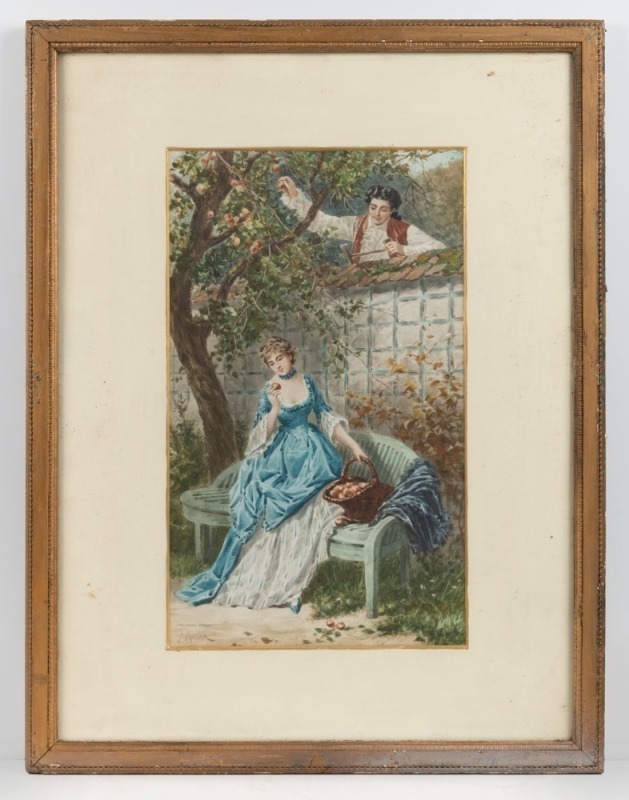 Two framed hand-coloured lithographs of romantic scenes, 19th century, ​​​​​​​65 x 50cm each overall