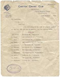 CRICKET GROUP, noted 1939 & 1940 letters from Carlton Cricket Club to VCA with list of players; Cricket Cap "SHCC"; WSC Super Test sun hat; 1985 tour guides; various magazines.