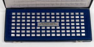 THE MEDALLIC REGISTER OF THE WORLD'S GREAT SHIPS sterling silver miniature collection in original box with accompanying documentation. Each piece stamped "925" with ship's details. 2 grams a piece. 105 grams total.