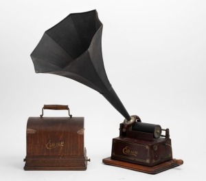 EDISON "GEM" cylinder phonograph in oak case with black finished horn, early 20th century, 61cm high with horn, the case 25cm wide