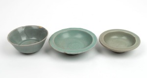 Three assorted antique Chinese celadon porcelain bowls, Song and Ming Dynasty, the largest 13.5cm diameter