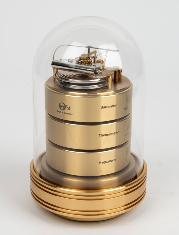 BARIGO German desk weather station in dome with barometer, thermometer and hygrometer, late 20th century, ​​​​​​​17cm high