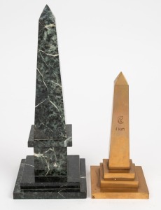 OBELISKS: antique variegated green marble ornament, together with a solid cast bronze example, 19th century, 29cm and 19cm high