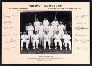 GRIPU TROUSERS: Advertising cards (4) with team photographs at centre, and with players names and facsimile autographs printed on mount - 1946-47 Australia, 1946-47 England, 1954 Australia & 1954-55 England, each framed & glazed, each overall 43x31cm. An 