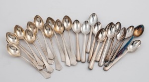 Set of 12 Continental silver teaspoons, together with a 12 silver plated coffee spoons, 20th century, (24 items), stamped "R.V. 800", the silver spoons 10.5cm long, 164 grams total