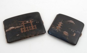 Two Japanese silver cigarette cases inlaid with copper and niello finish, early 20th century, both signed on reverse, 8.5cm and 11cm wide, 180 grams total