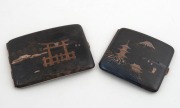 Two Japanese silver cigarette cases inlaid with copper and niello finish, early 20th century, both signed on reverse, 8.5cm and 11cm wide, 180 grams total