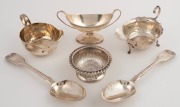 A Georgian sterling silver salt cellar, a pair of antique sterling silver tablespoons by George Angel of London, two sterling silver sauce boats and a sterling silver bon bon dish by William Andy II of London, (6 items), the spoons 22cm long, 498 grams to