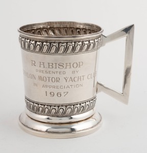 A vintage Ceylonese silver trophy cup, engraved "R.H. Bishop presented by Ceylon Motor Yacht Club in appreciation, 1967", 12cm high, 334 grams