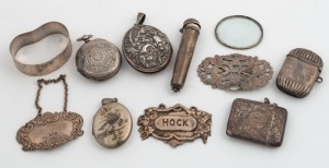 Antique silver vestas, lockets, decanter labels, napkin ring, cigarette holder case and brooch, 19th/20th century, (10 items), 180+ grams silver weight