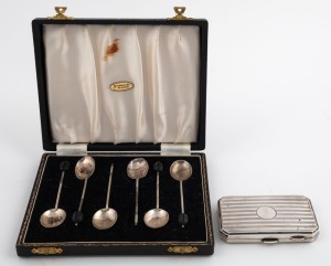 A sterling silver cigarette case by Walker & Hall of Birmingham, 64 grams; together with a boxed set of sterling silver coffee bean spoons (missing two beans), (2 items)