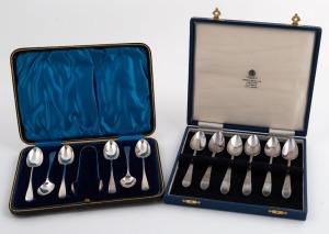 Set of six Georgian sterling silver teaspoons with bright cut decoration, together with a boxed set of Edwardian silver teaspoons with sugar tongs, early 18th & early 20th century, 152 grams total