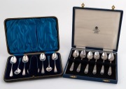 Set of six Georgian sterling silver teaspoons with bright cut decoration, together with a boxed set of Edwardian silver teaspoons with sugar tongs, early 18th & early 20th century, 152 grams total