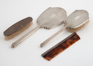 English Art Deco sterling silver vanity ware, circa 1930, the largest 30cm long