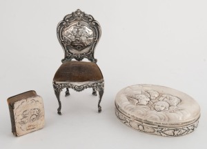 Antique sterling silver novelty pin cushion in the form of a chair with "Chorus of Angels" back, together with a matching jewellery box and prayer book, early 20th century (three items), the chair 14.5cm high