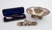A sterling silver dolls house tea set, a sterling silver pierced bowl, and a sterling silver spoon in fitted box, (7 items), ​​​​​​​the bowl19cm wide, 188 grams total