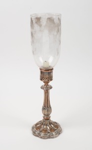 An antique Sheffield plated candle holder with wheel cut glass shade, 19th century, 44cm high