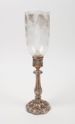 An antique Sheffield plated candle holder with wheel cut glass shade, 19th century, 44cm high