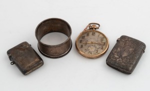 An antique sterling silver napkin ring by Robert Harper of London, two antique sterling silver vestas, plus an antique rolled gold cased pocket watch with Ballarat retailer's mark, 19th/20th century, (4 items), 87 grams silver weight total