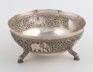 "JUBILEE CUP" vintage Indian silver bowl on three legs with floral border adorned with elephants and tigers, bearing shield "K. G. C. Jubilee Cup, 1952", 6cm high, 12.5cm wide, 149 grams