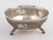 "JUBILEE CUP" vintage Indian silver bowl on three legs with floral border adorned with elephants and tigers, bearing shield "K. G. C. Jubilee Cup, 1952", 6cm high, 12.5cm wide, 149 grams