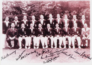 "THE INVINCIBLES, AUSTRALIAN TEST TEAM, 1948 TOUR AT ENGLAND", display comprising reprinted team photograph, with signatures of 9 surviving members on photograph - Don Bradman, Neil Harvey, Ron Hamence, Ernie Toshack, Doug Ring, Bill Johnston, Bill Brown,