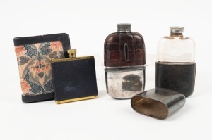 LIBERTY of London vintage hip flask in leather wallet, together with two antique silver plated hip flasks, 19th and 20th century, (3 items), the largest 13.5cm high