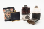 LIBERTY of London vintage hip flask in leather wallet, together with two antique silver plated hip flasks, 19th and 20th century, (3 items), the largest 13.5cm high