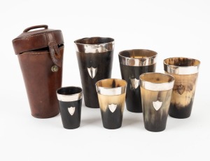 WILLIAM DRUMMOND of Melbourne fine graduated set of six silver mounted horn beakers in original leather travel case, 19th century, the largest 12.5cm high